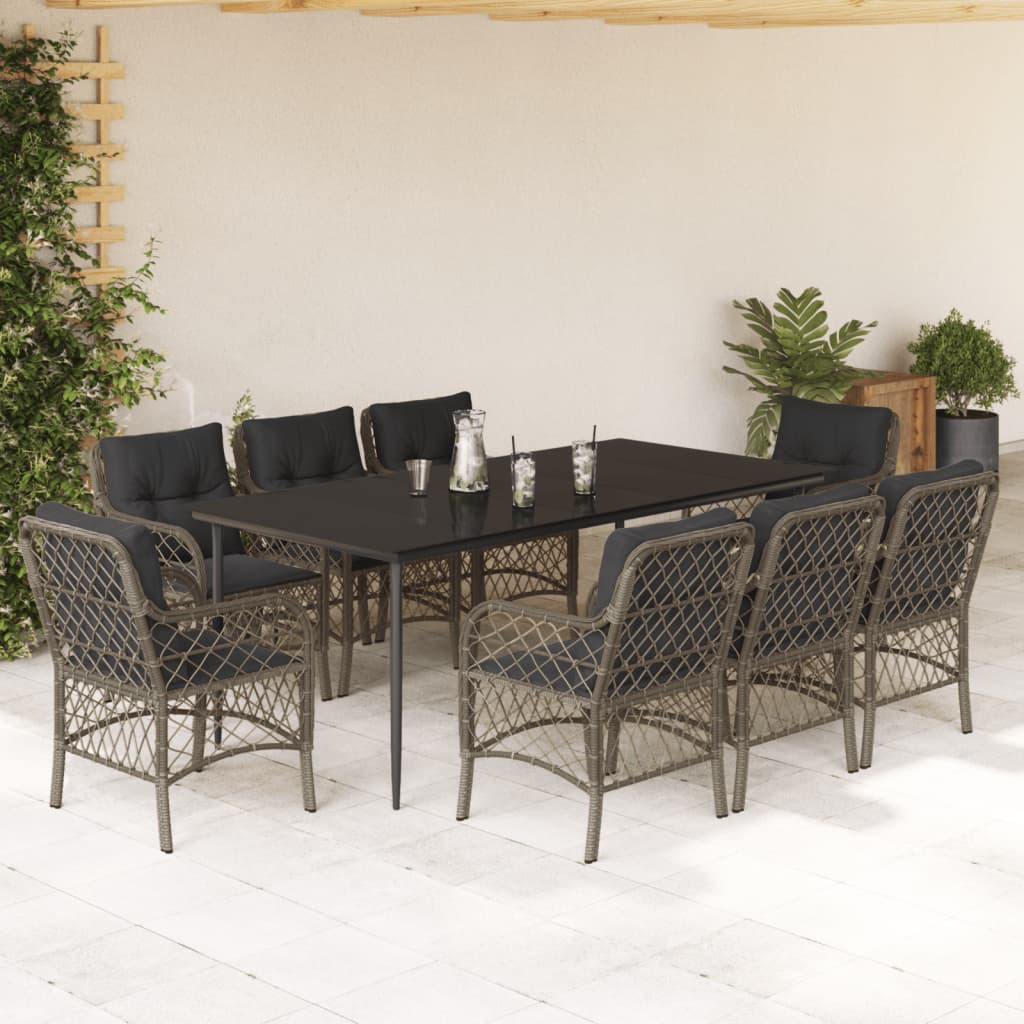 9-tlg. Garten-Essgruppe mit Kissen Grau Poly Rattan