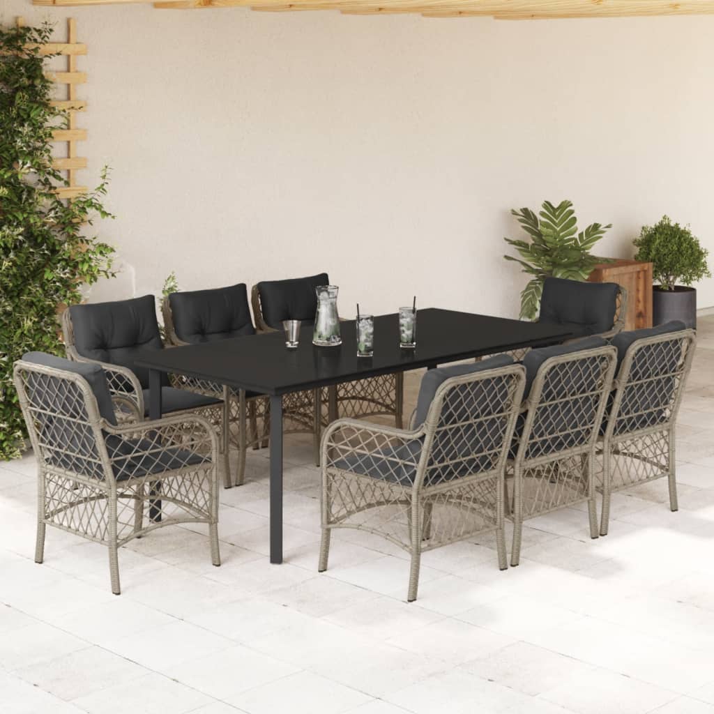 9-tlg. Garten-Essgruppe mit Kissen Hellgrau Poly Rattan