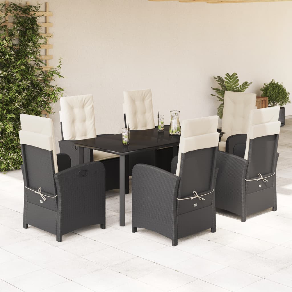 7-tlg. Garten-Essgruppe mit Kissen Schwarz Poly Rattan
