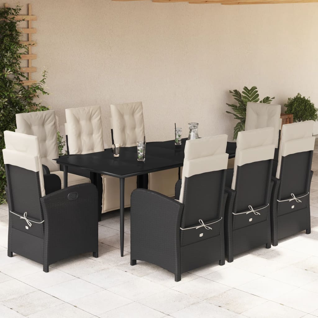 9-tlg. Garten-Essgruppe mit Kissen Schwarz Poly Rattan
