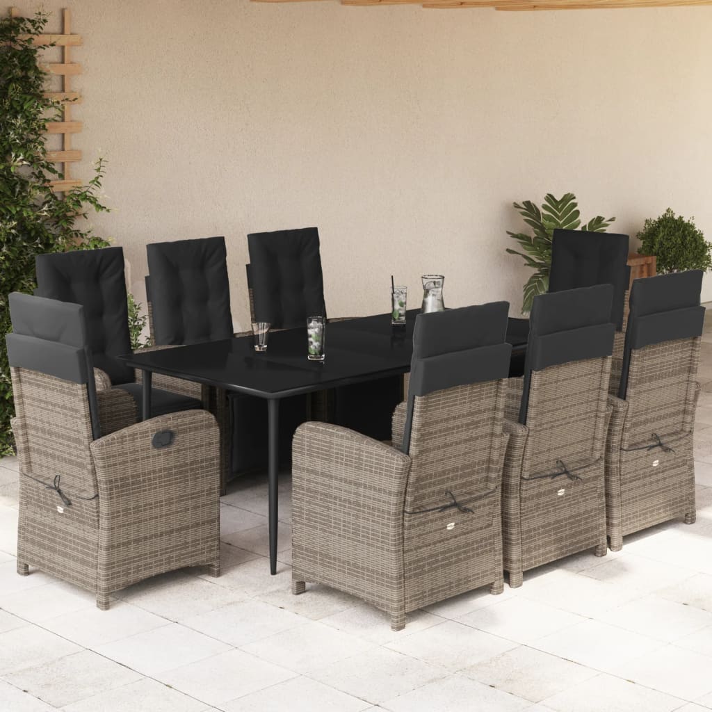 9-tlg. Garten-Essgruppe mit Kissen Grau Poly Rattan