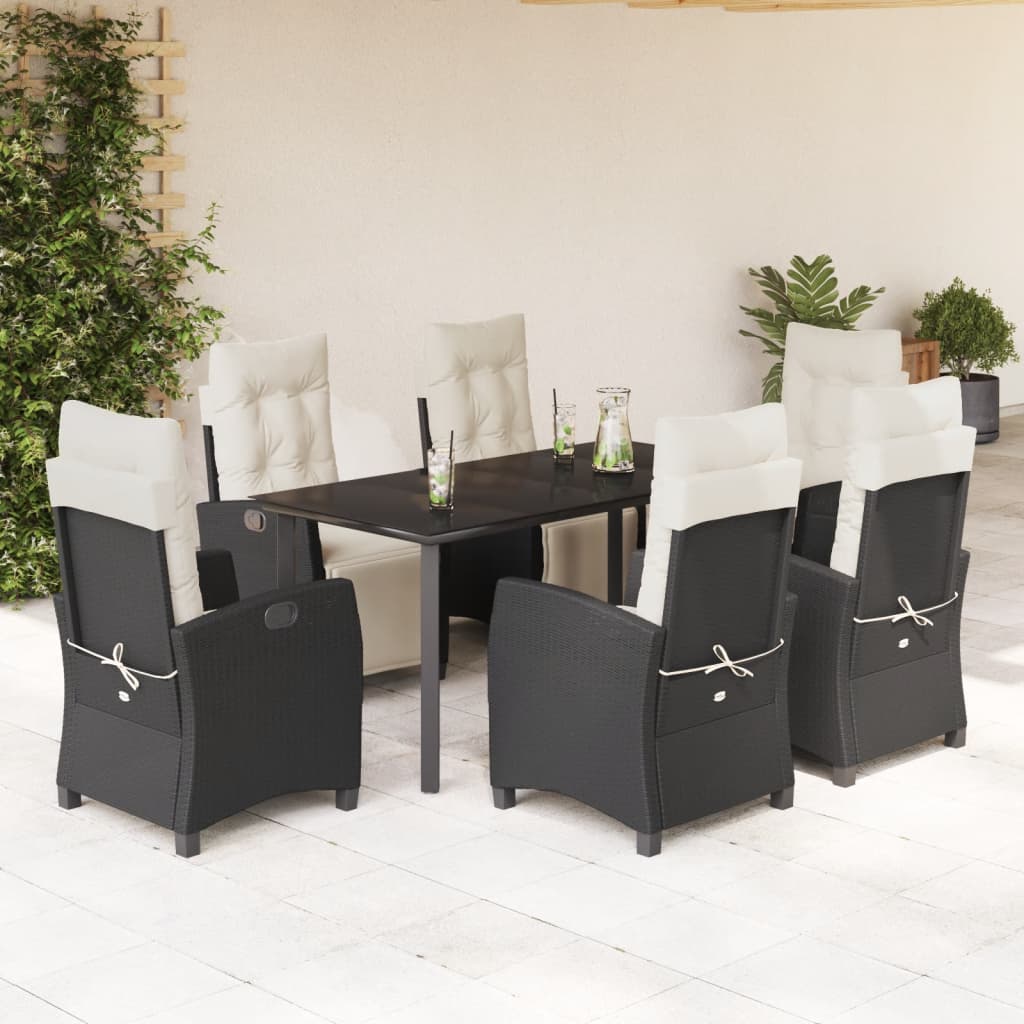 7-tlg. Garten-Essgruppe mit Kissen Schwarz Poly Rattan