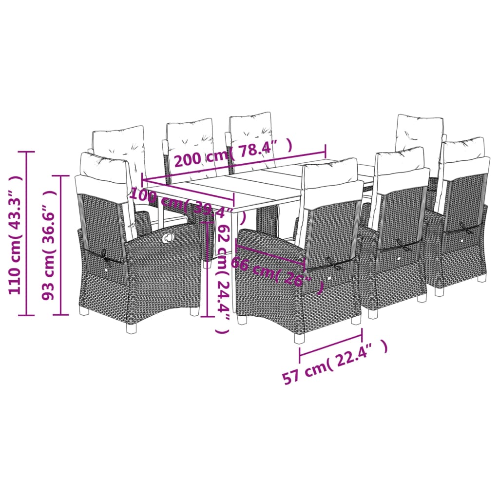 9-tlg. Garten-Essgruppe mit Kissen Braun Poly Rattan