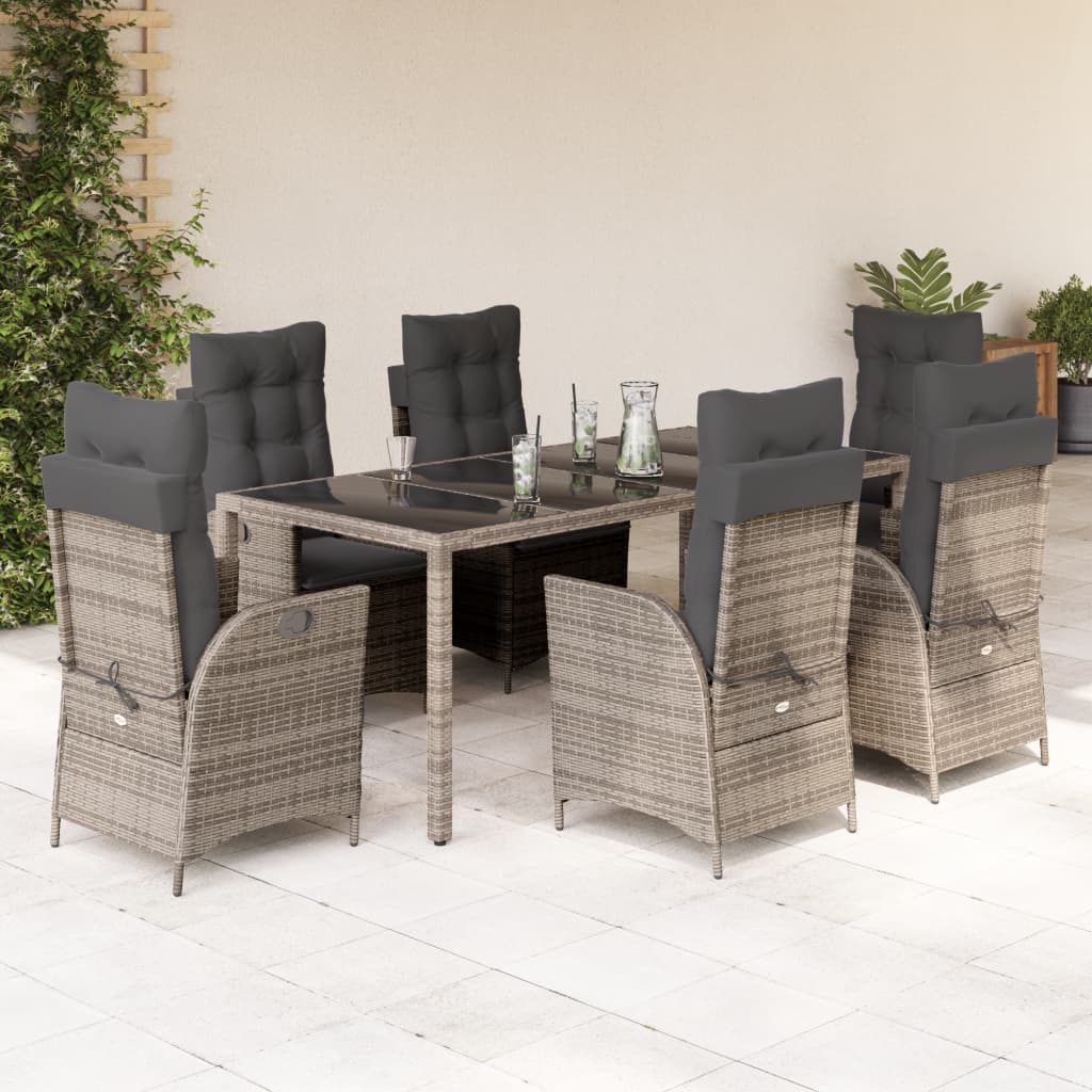7-tlg. Garten-Essgruppe mit Kissen Grau Poly Rattan