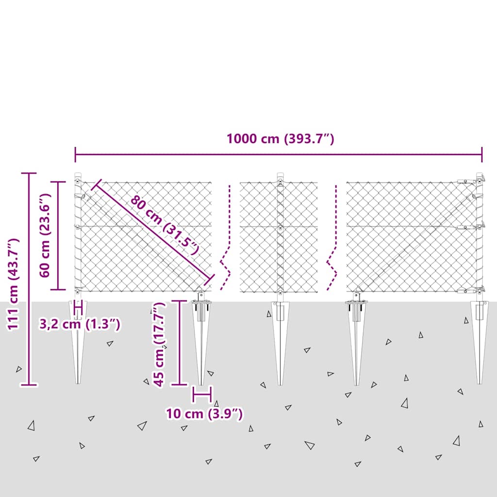Kettengliedzaun mit Pfosten Silber 0,6 x 10 m Stahl