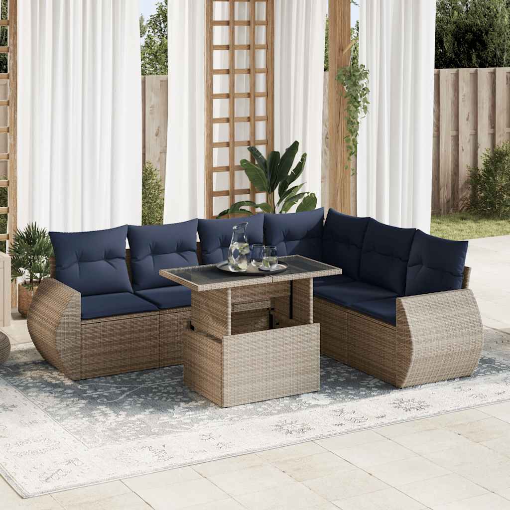 7-tlg. Garten-Sofagarnitur mit Kissen Grau Poly Rattan Akazie