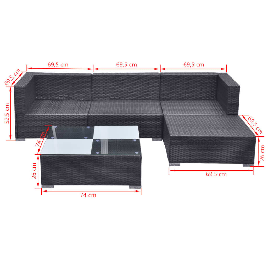 5-tlg. Garten-Lounge-Set mit Kissen Poly Rattan Schwarz