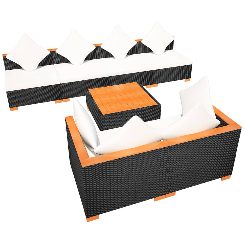 7-tlg. Garten-Lounge-Set mit Auflagen Poly Rattan Schwarz