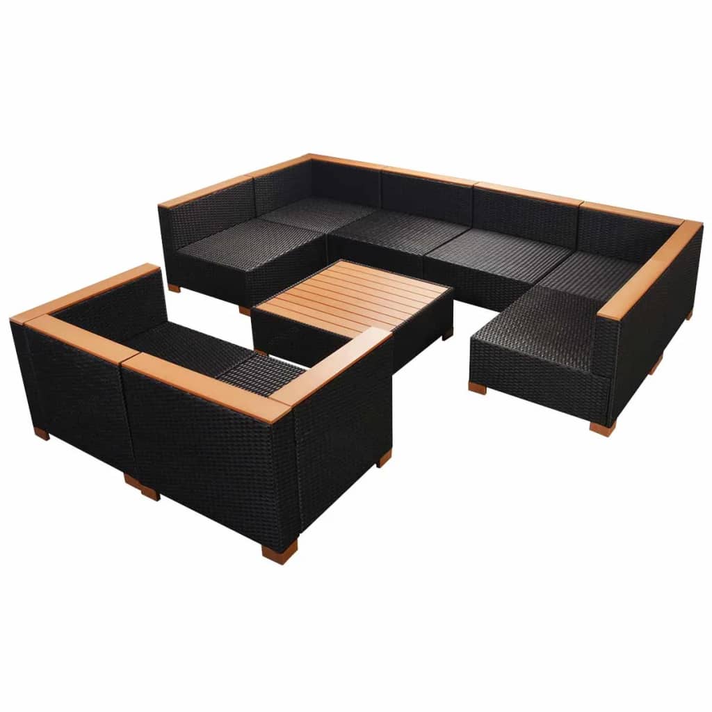 9-tlg. Garten-Lounge-Set mit Auflagen Poly Rattan Schwarz