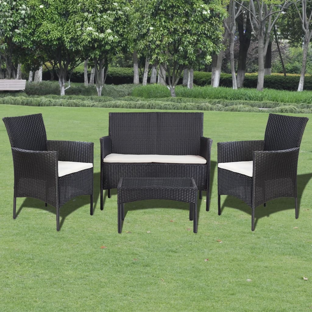 4-tlg. Garten-Lounge-Set mit Auflagen Poly Rattan Schwarz