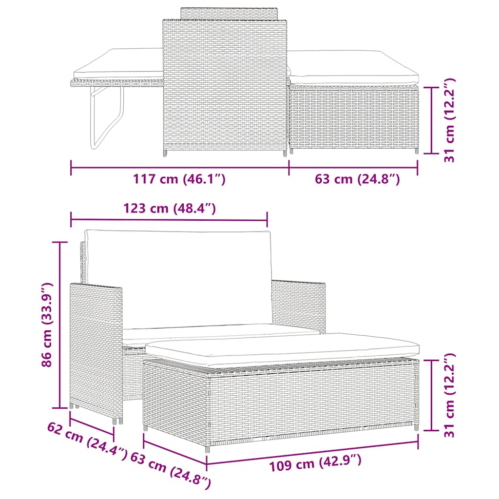 2-tlg. Garten-Lounge-Set mit Auflagen Poly Rattan Grau