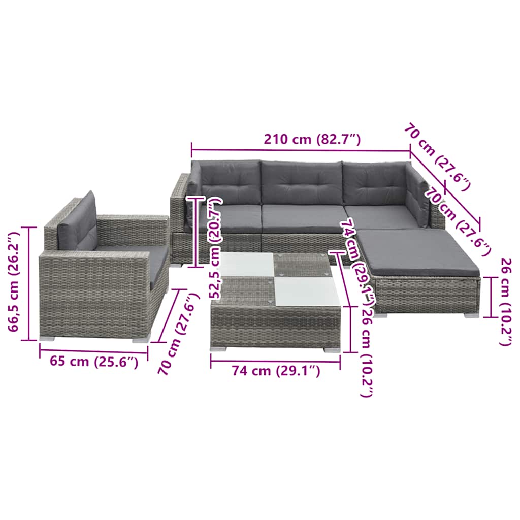 6-tlg. Garten-Lounge-Set mit Auflagen Poly Rattan Grau