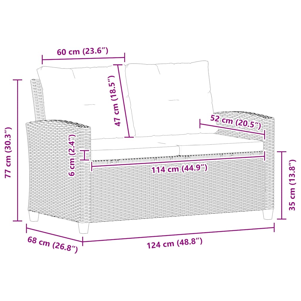2-Sitzer-Gartensofa mit Kissen Grau 124 cm Poly Rattan