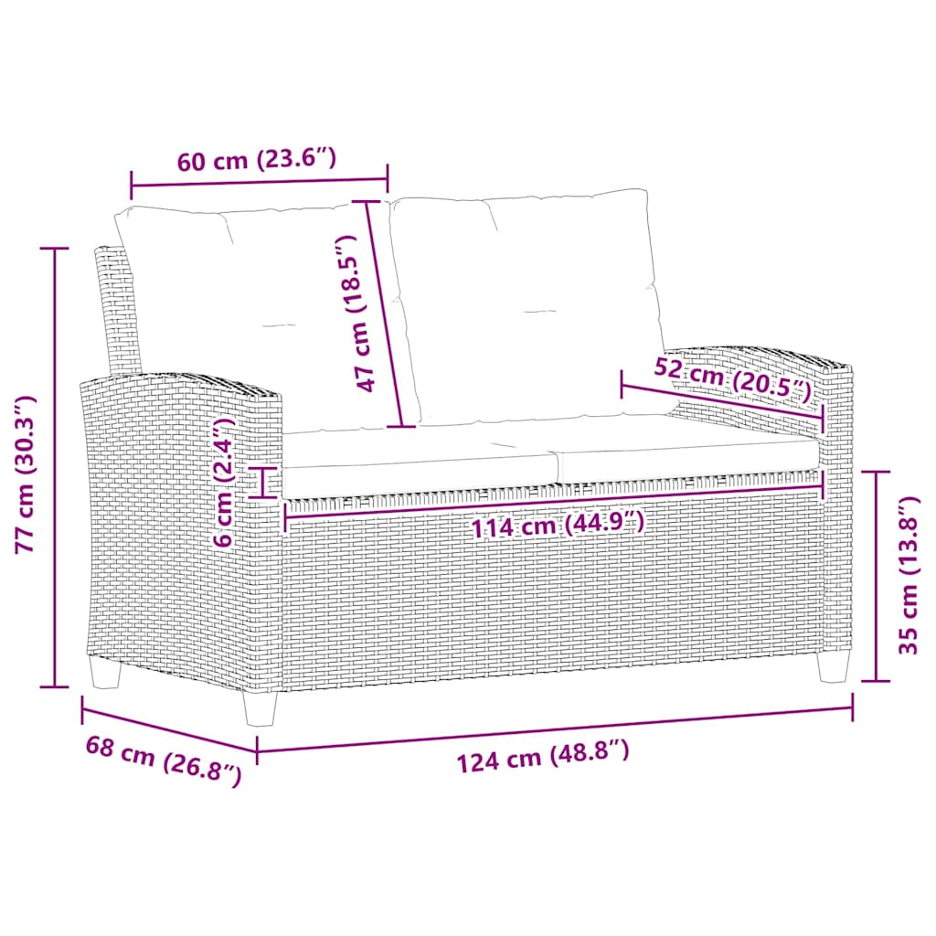 2-Sitzer-Gartensofa mit Kissen Schwarz 124 cm Poly Rattan