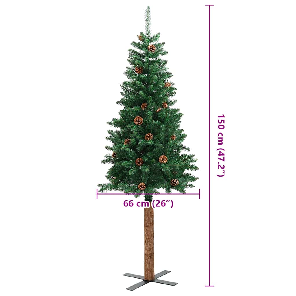 Weihnachtsbaum Schlank mit Echtholz und Zapfen Grün 150 cm PVC