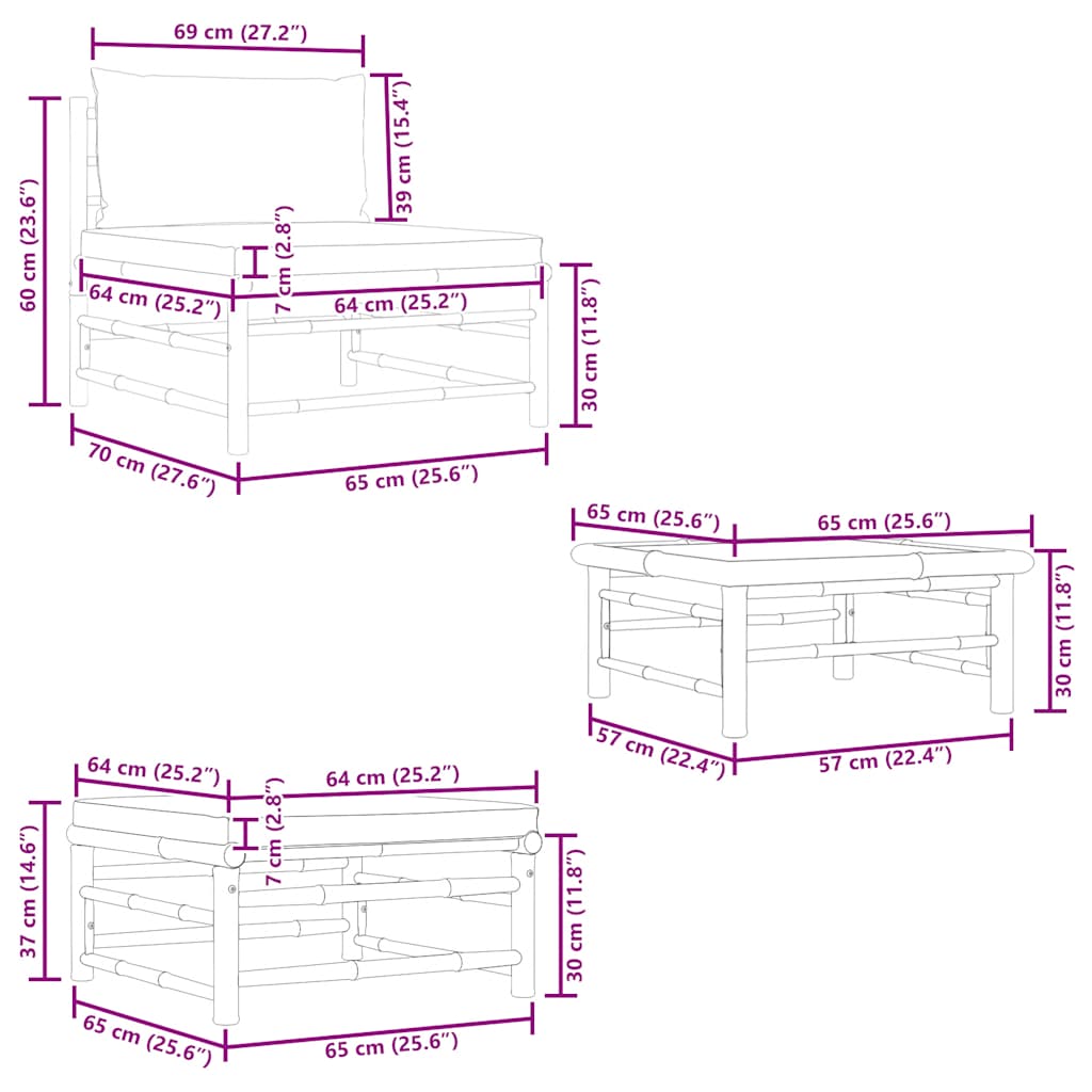 3-tlg. Garten-Lounge-Set mit Dunkelgrauen Kissen Bambus