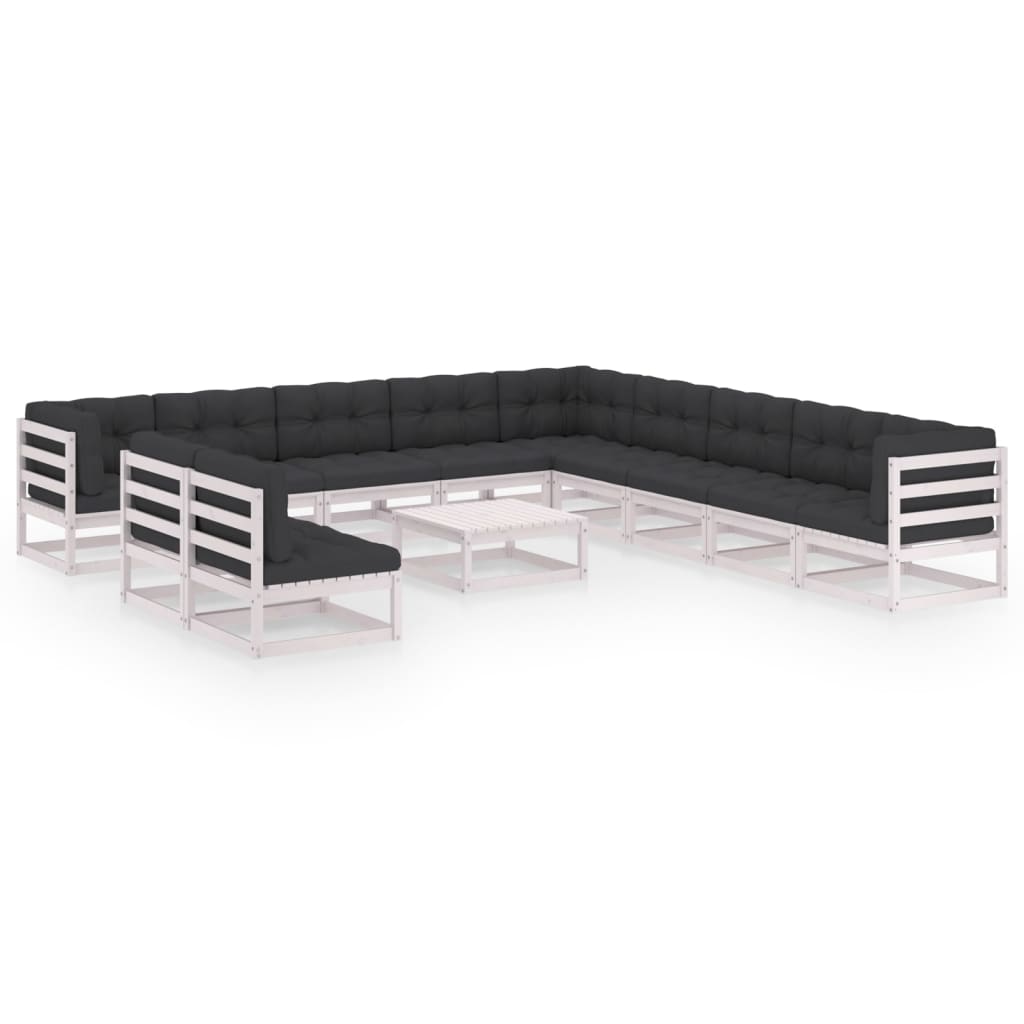 12-tlg. Garten-Lounge-Set mit Kissen Weiss Kiefer Massivholz