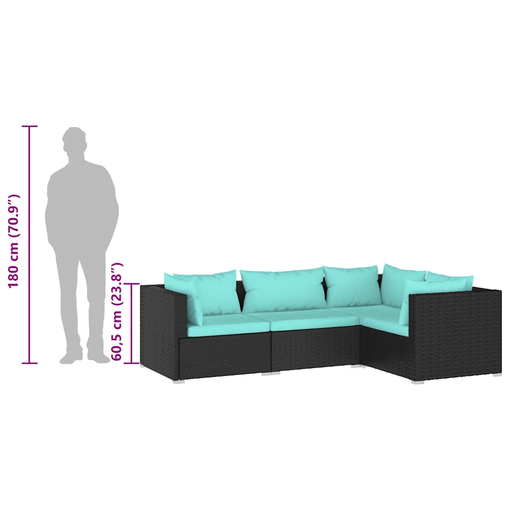 4-tlg. Garten-Lounge-Set mit Kissen Poly Rattan Schwarz