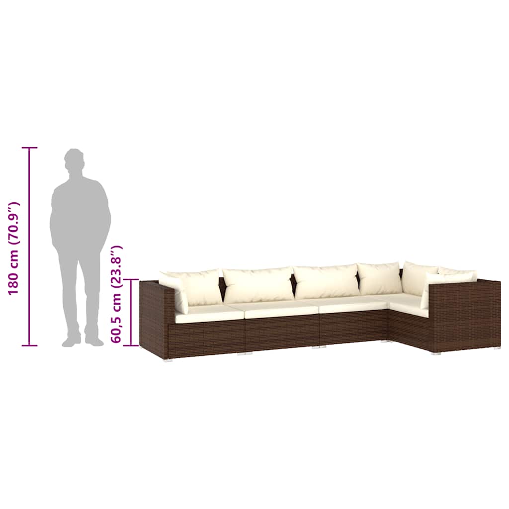 5-tlg. Garten-Lounge-Set mit Kissen Poly Rattan Braun