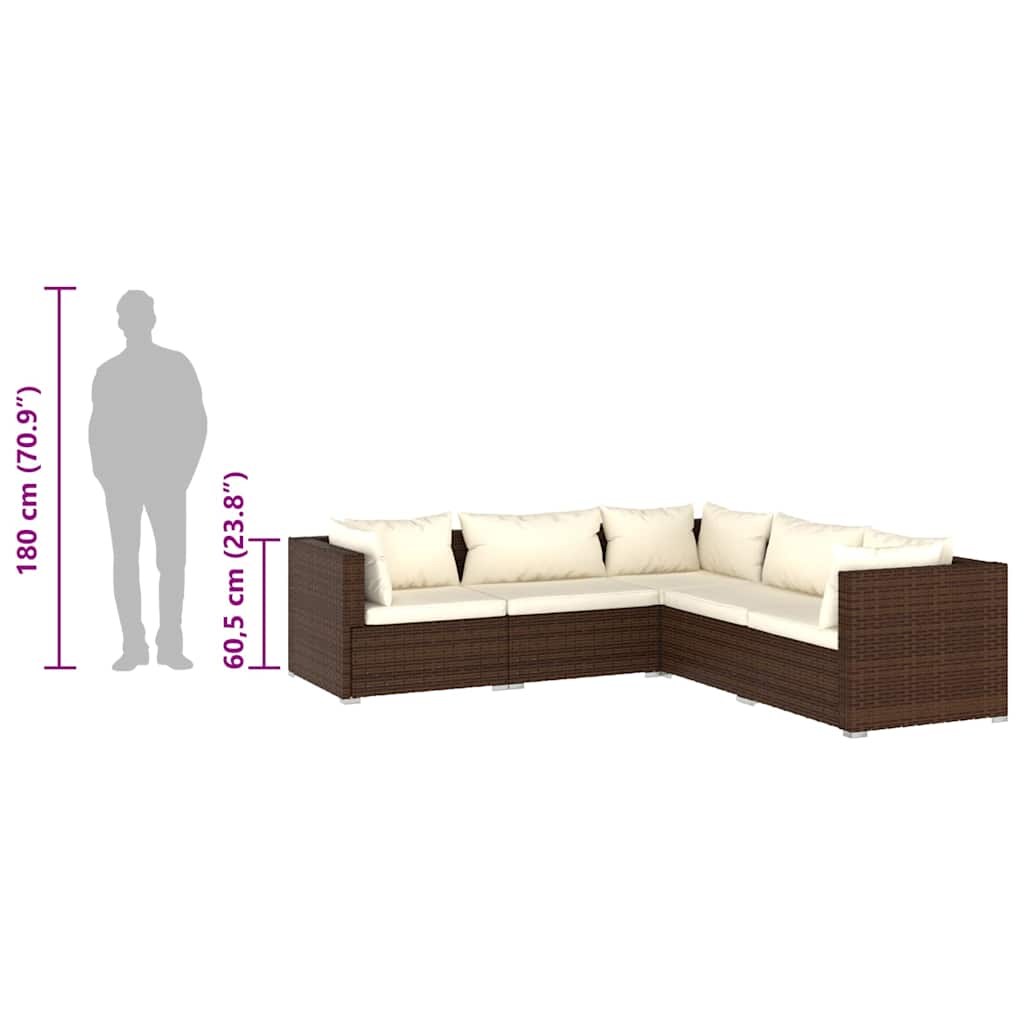 5-tlg. Garten-Lounge-Set mit Kissen Poly Rattan Braun