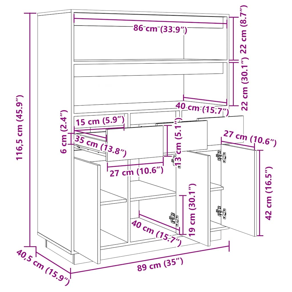 Highboard 89x40x116,5 cm Massivholz Kiefer