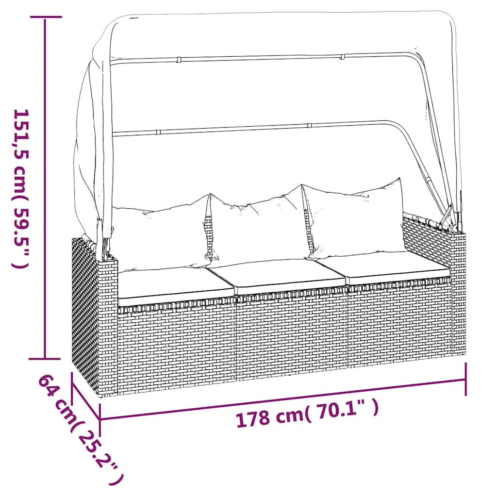3-Sitzer-Gartensofa mit Dach und Fußhocker Schwarz Poly Rattan