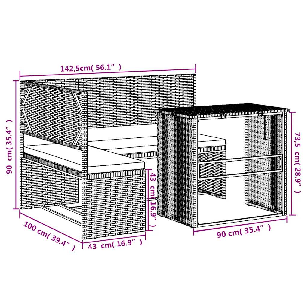 Gartensofa in L-Form mit Tisch und Kissen Braun Poly Rattan