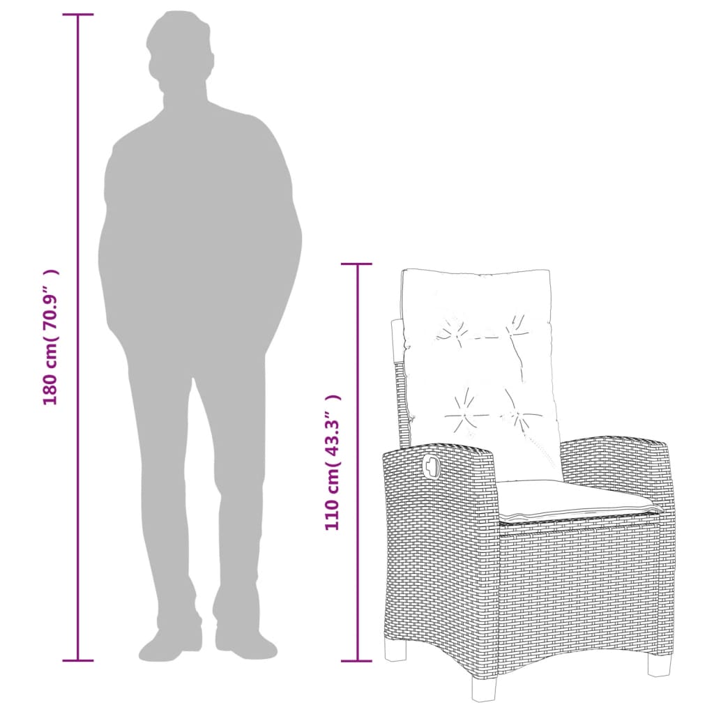 Gartensessel Verstellbar mit Kissen Grau Poly Rattan