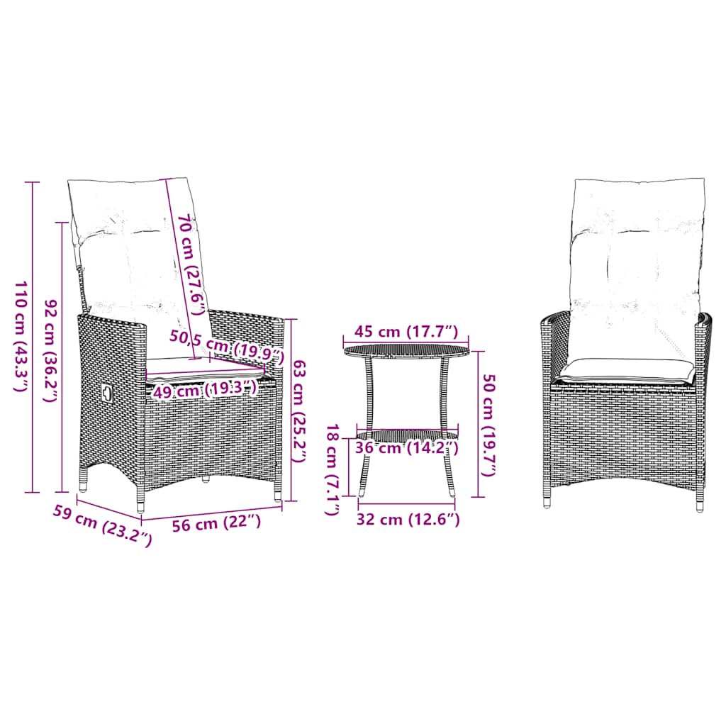 3-teiliges Bistro-Set mit Kissen Grau Poly Rattan