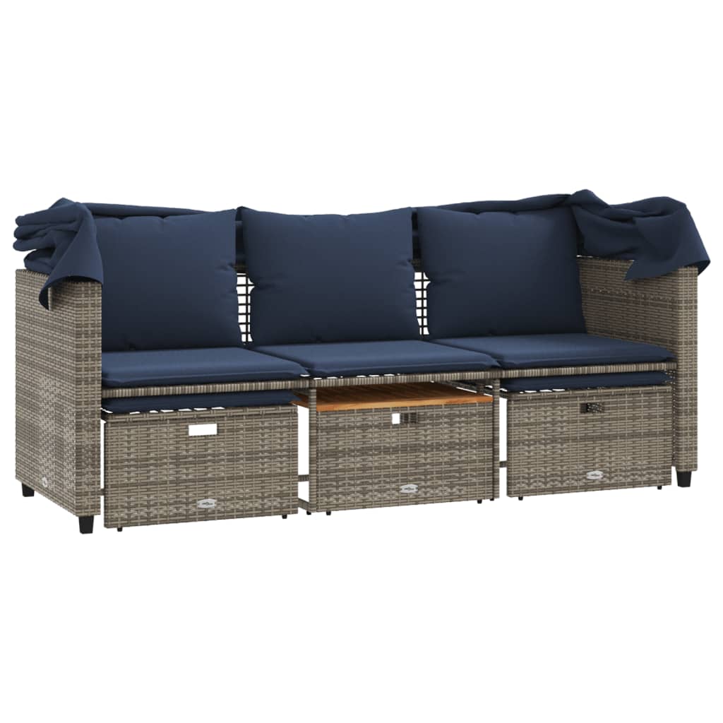 Gartensofa 3-Sitzer mit Baldachin und Hockern Grau Poly Rattan