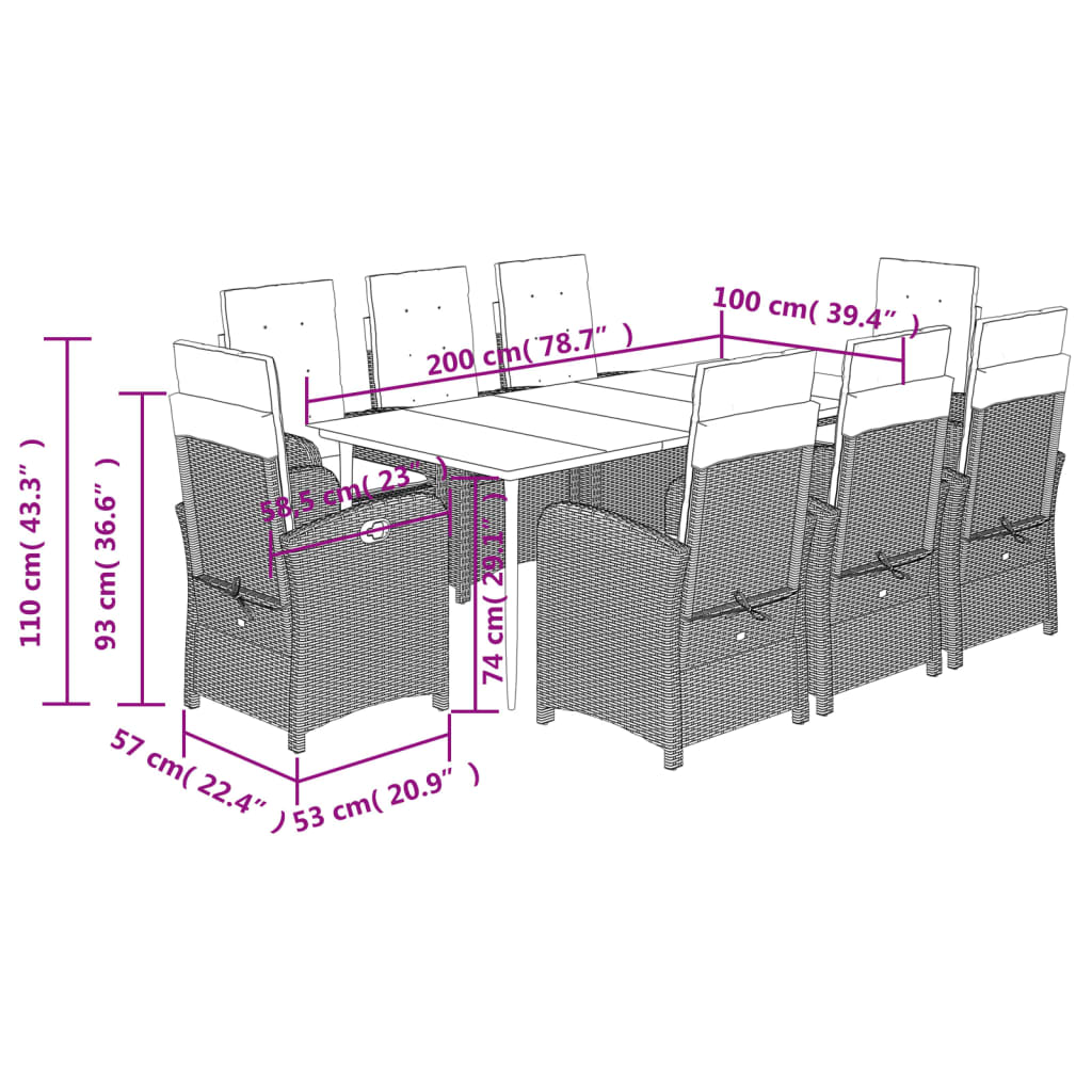 9-tlg. Garten-Essgruppe mit Kissen Grau Poly Rattan