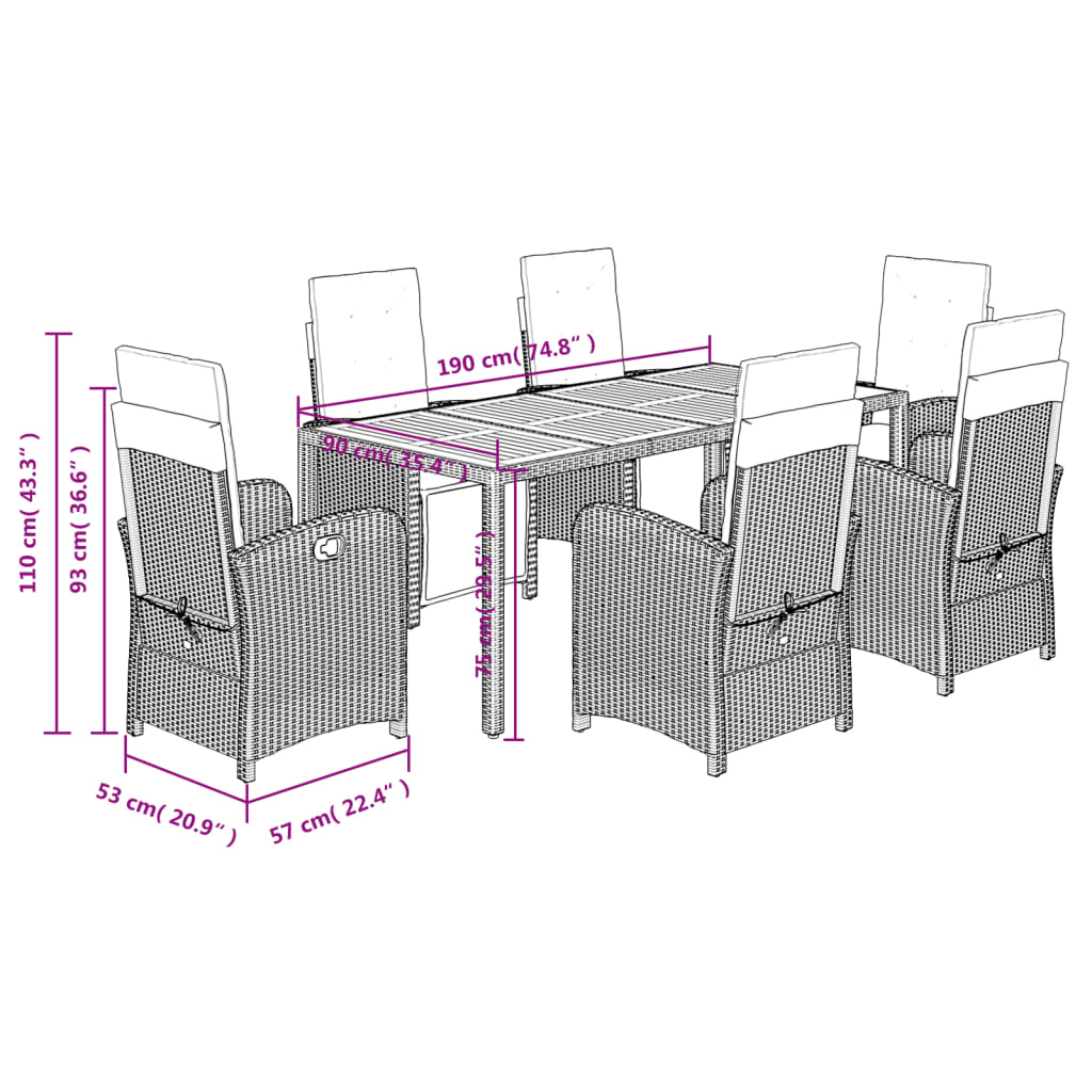 7-tlg. Garten-Essgruppe mit Kissen Schwarz Poly Rattan