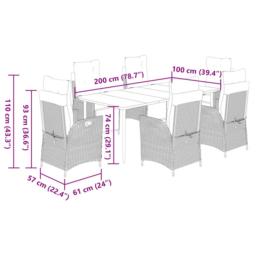 7-tlg. Garten-Essgruppe mit Kissen Schwarz Poly Rattan