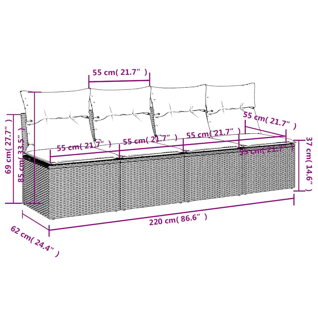 Gartensofa mit Kissen 4-Sitzer Grau Poly Rattan