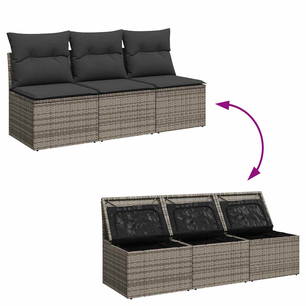 Gartensofa mit Kissen 3-Sitzer Grau Poly Rattan