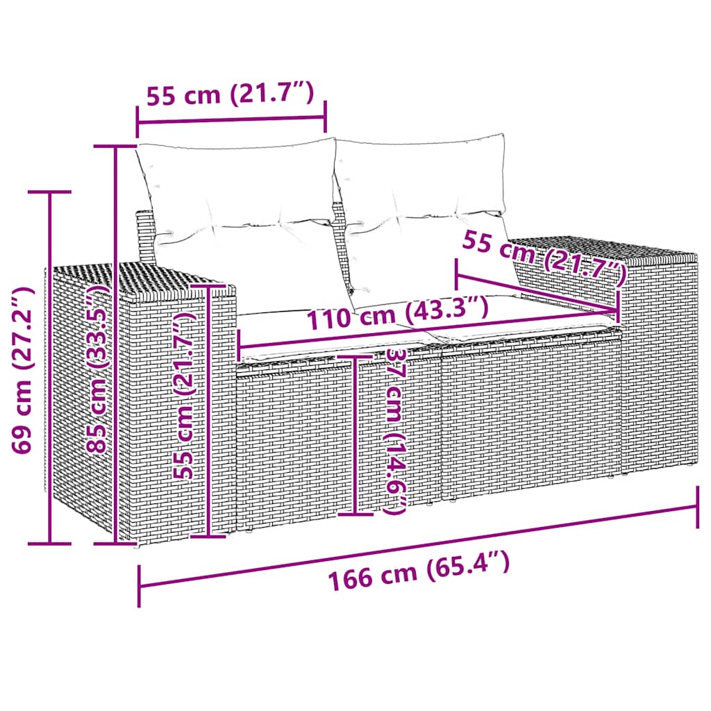 Gartensofa mit Kissen 2-Sitzer Hellgrau Poly Rattan