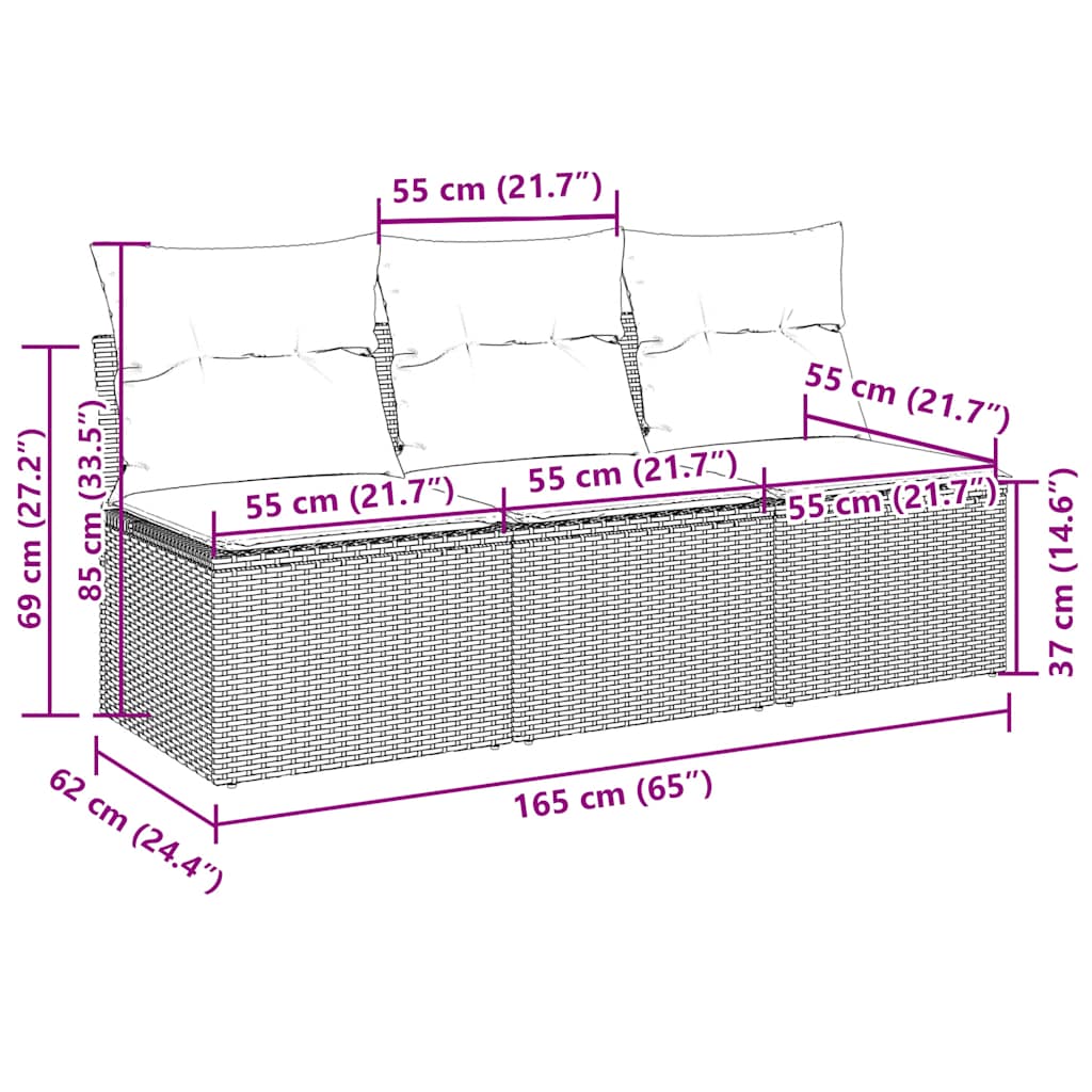Gartensofa mit Kissen 3-Sitzer Hellgrau Poly Rattan