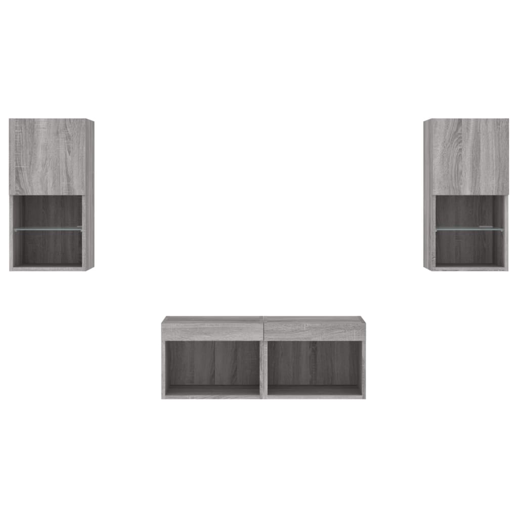 4-tlg. TV-Wohnwand mit LED-Leuchten Grau Sonoma