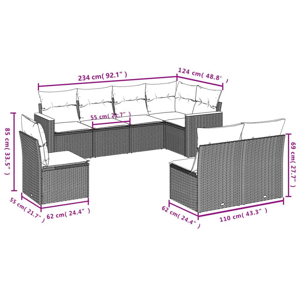 8-teiliges Gartensofa-Set mit Kissen, schwarzes Polyrattan