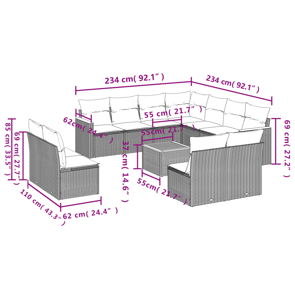 12-teiliges Gartensofa-Set mit Kissen, grau, Polyrattan