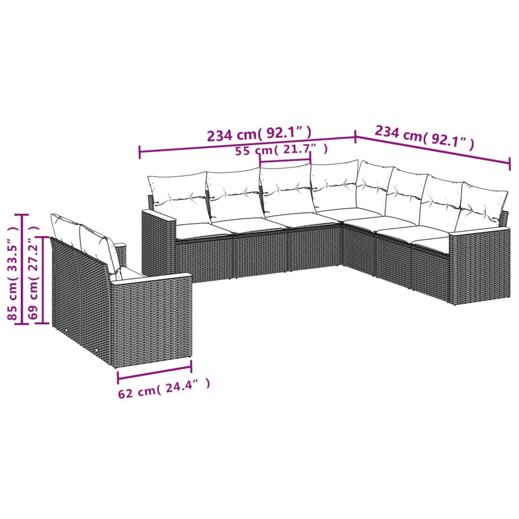 9-teiliges Gartensofa-Set mit Kissen, grau, Polyrattan