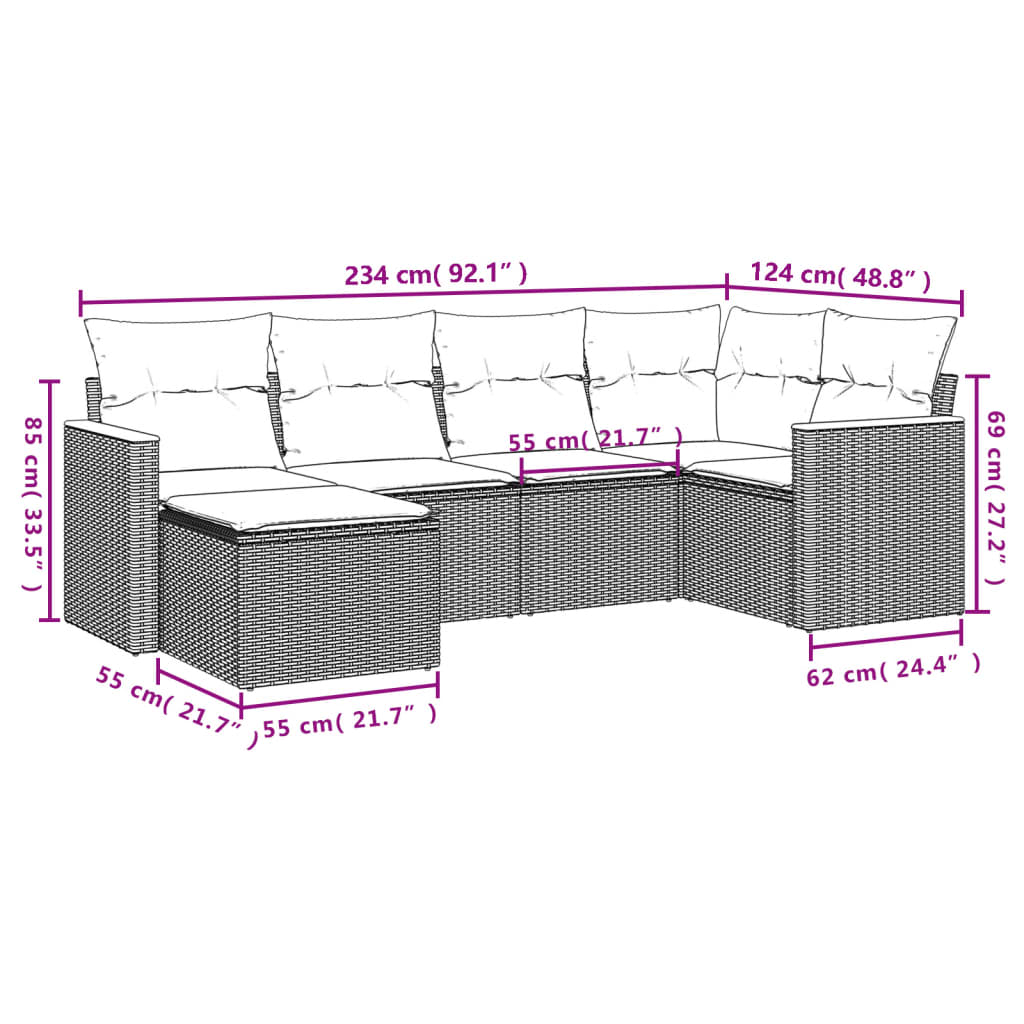 6-teiliges Gartensofa-Set mit Kissen, schwarzes Polyrattan