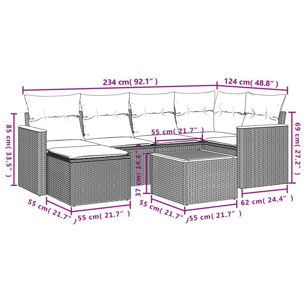 7-teiliges Gartensofa-Set mit Kissen, grau, Polyrattan