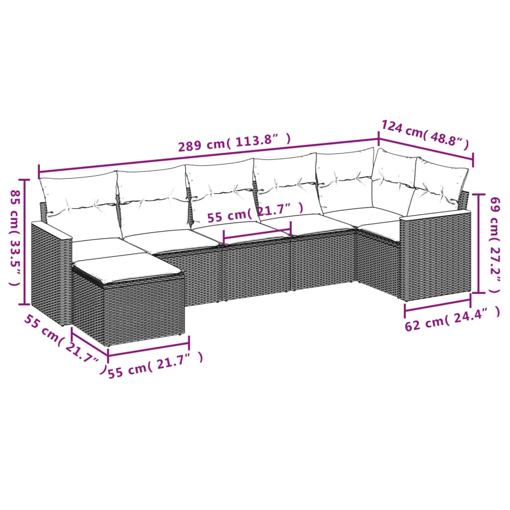 7-teiliges Gartensofa-Set mit Kissen, schwarzes Polyrattan