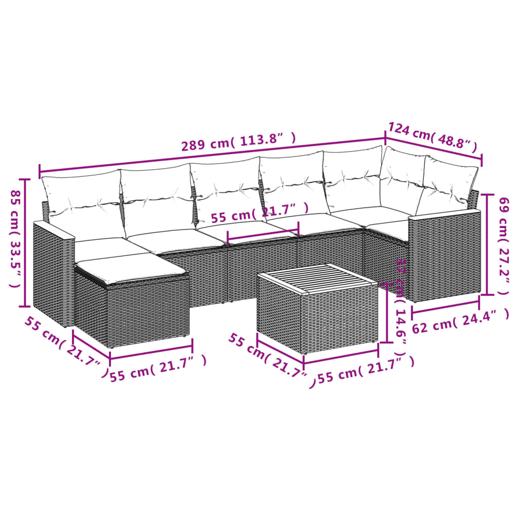 8-teiliges Gartensofa-Set mit Kissen, grau, Polyrattan