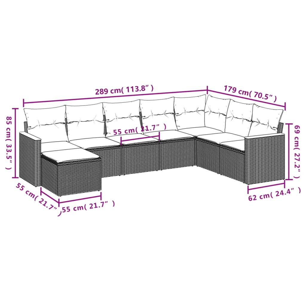 8-teiliges Gartensofa-Set mit Kissen, schwarzes Polyrattan