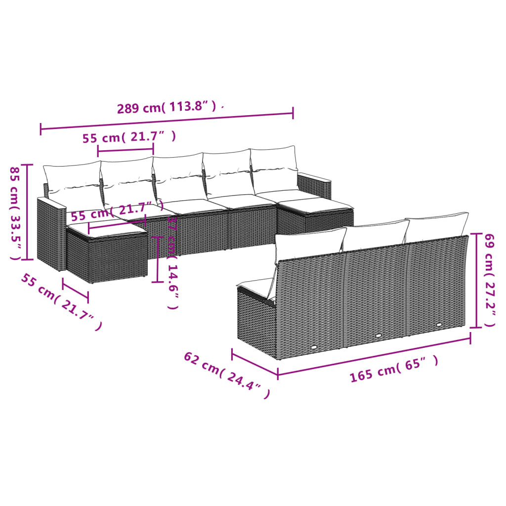 10-teiliges Gartensofa-Set mit Kissen, schwarzes Polyrattan