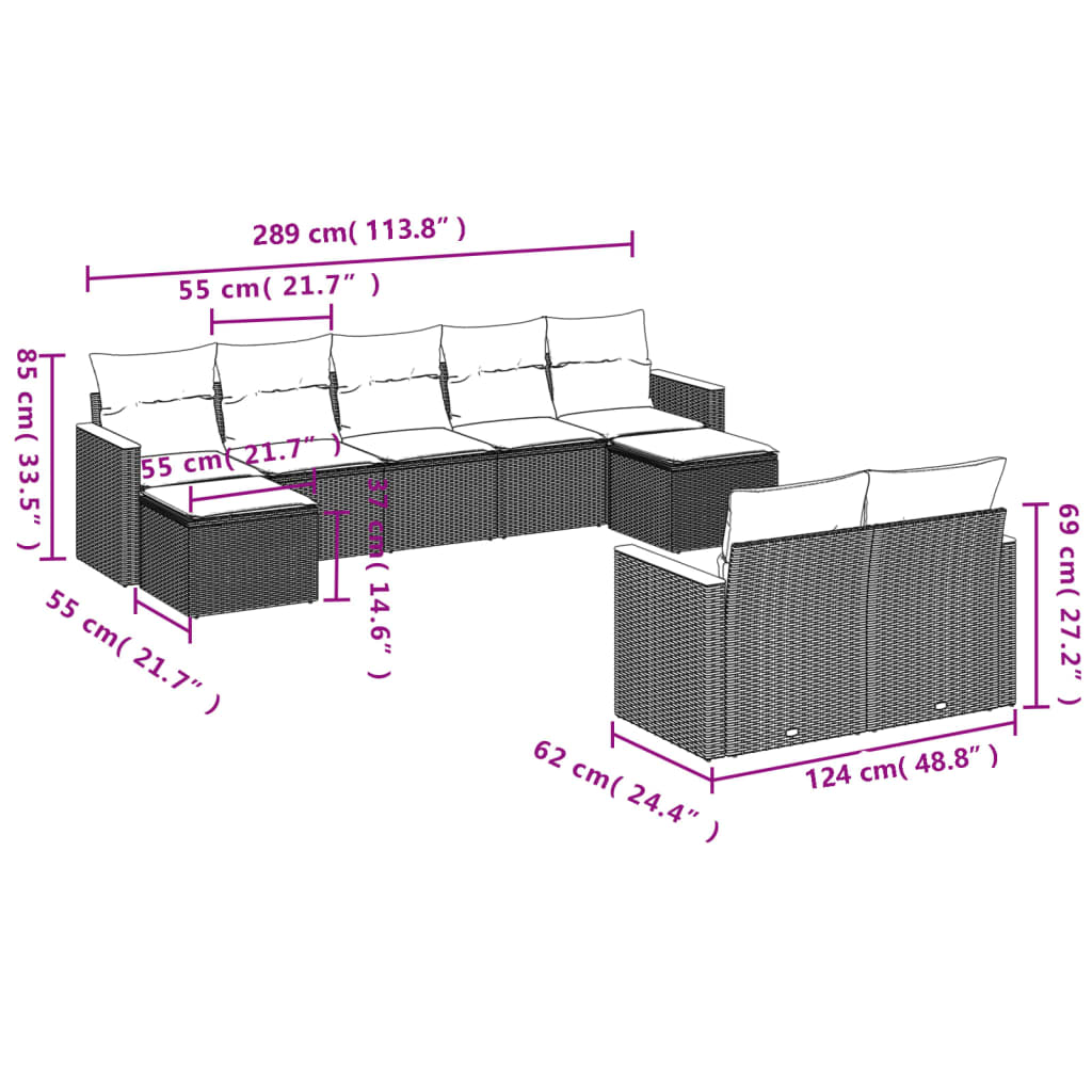 9-teiliges Gartensofa-Set mit Kissen, schwarzes Polyrattan