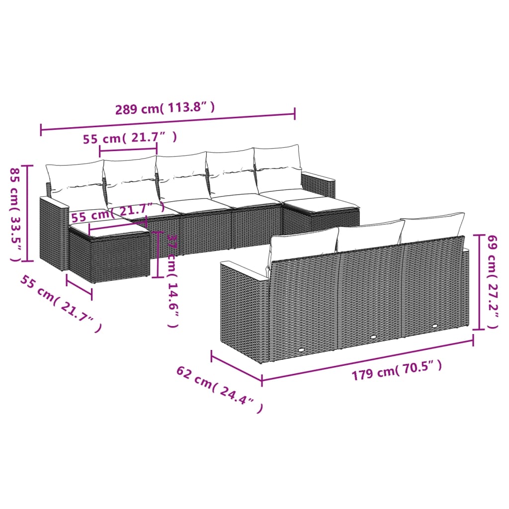 10-teiliges Gartensofa-Set mit Kissen, schwarzes Polyrattan