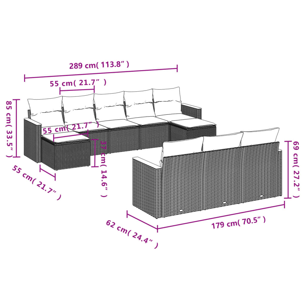 10-teiliges Gartensofa-Set mit Kissen, grau, Polyrattan